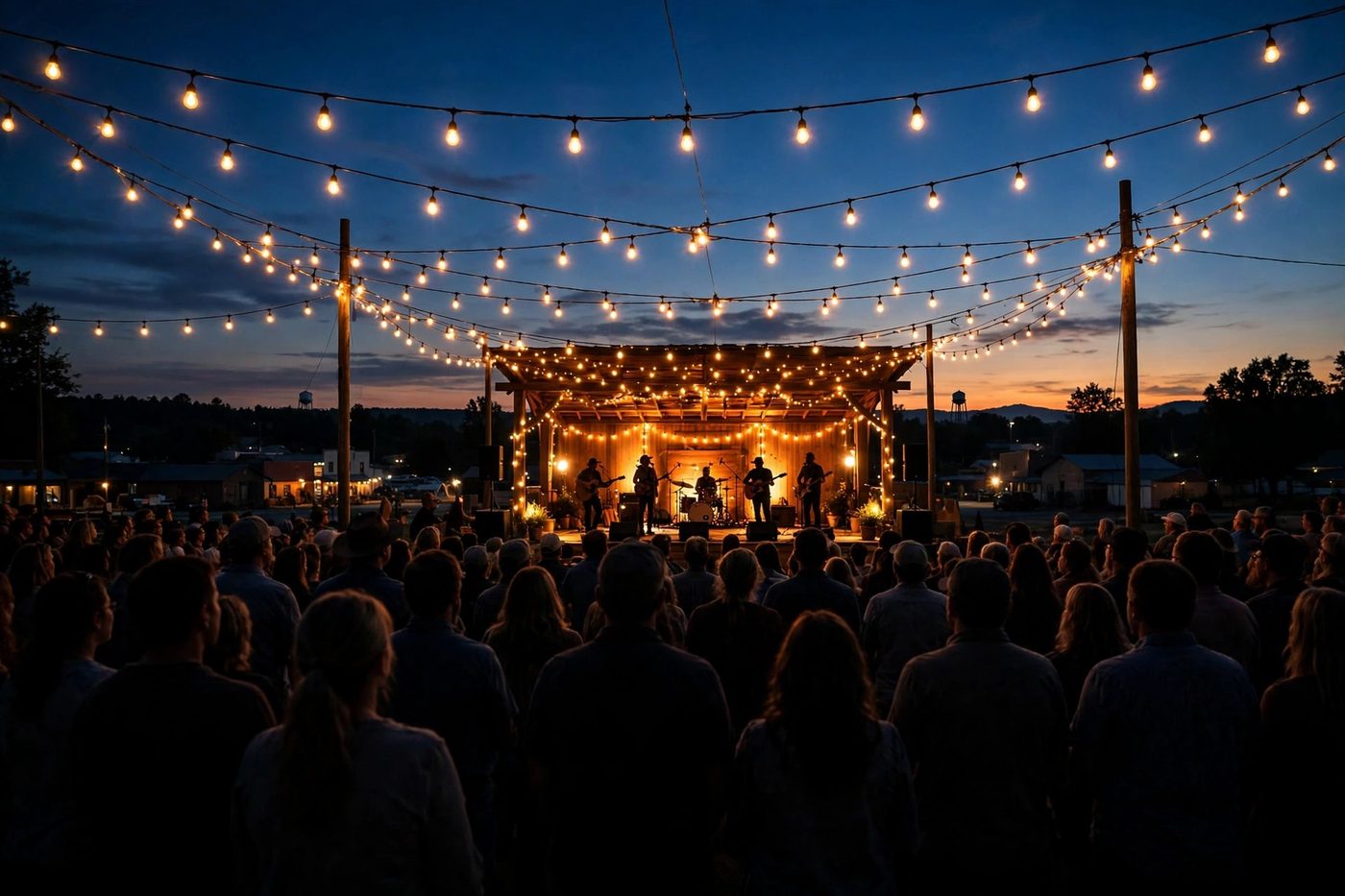 Small-town outdoor concert at dusk under string lights