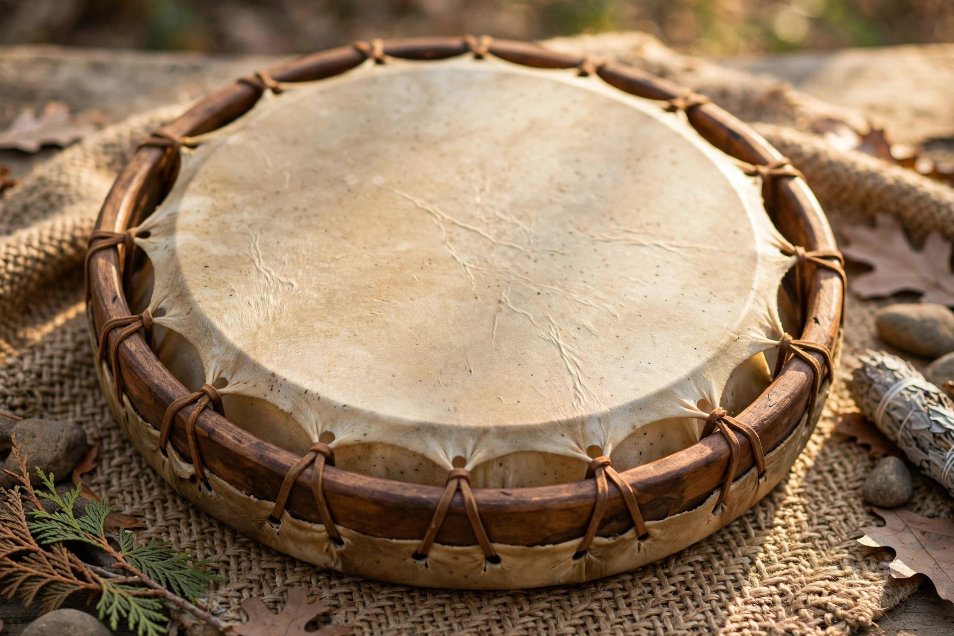 Traditional Cherokee rawhide hand drum in warm natural light