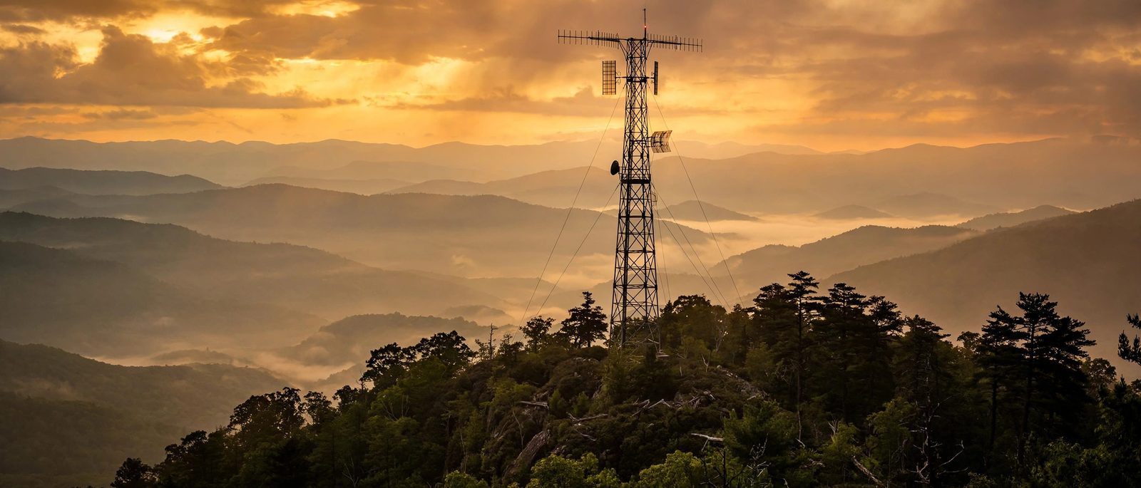 Radio broadcast tower silhouetted on a mountain ridge at dusk